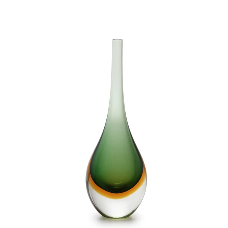 [15597] Drop Glass Vase Bicolor Green with Amber Murano Style Art Glass