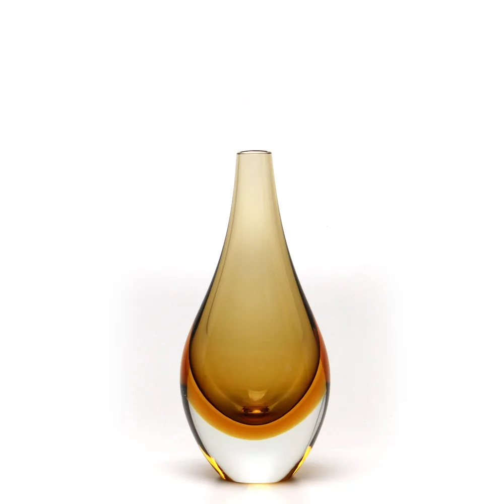 [15604] Drop Glass Vase Bicolor Smoky with Amber Murano Style Art Glass