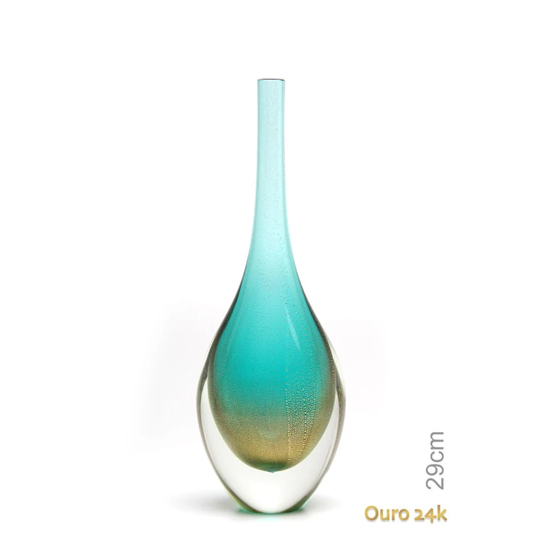 [42820] Drop Glass Vase Green with Gold Murano Style Art Glass