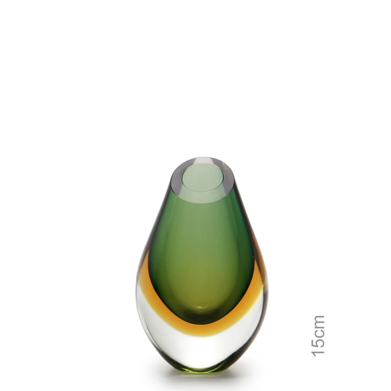 [15609] Drop Glass Vase Bicolor Green with Amber Murano Style Art Glass