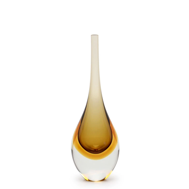 [15598] Drop Glass Vase Bicolor Smoky with Amber  Murano Style Art Glass