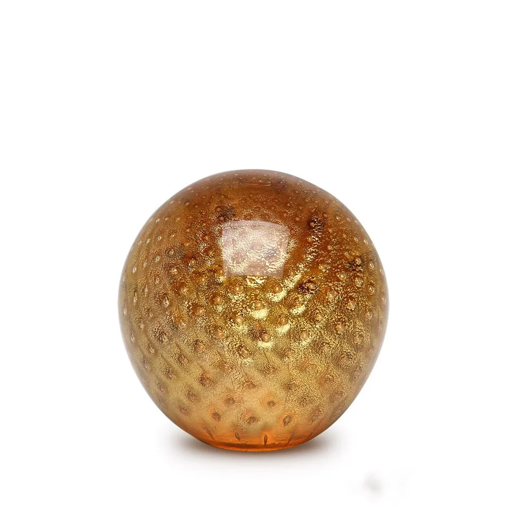 [5408] Ball Paperweight Bubble Effect Amber with Gold Murano Style Art Glass