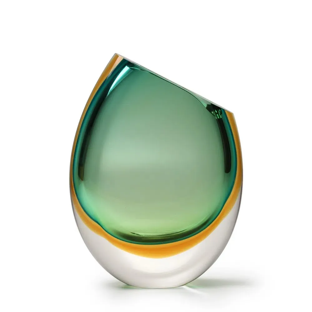 [15581] Glass Vase 96 MS Bicolor Green with Amber Murano Style Art Glass