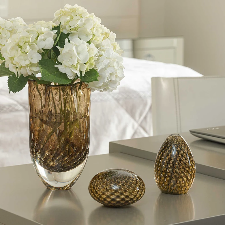 [18576] Glass Vase Roca Model 2 Bubble Effect Smoky with Gold Leaves Murano Style Art Glass