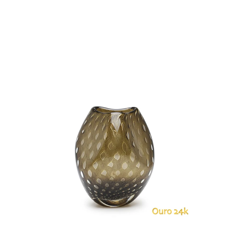 [18599] Glass Vase Roca Model 3 Bubble Effect Smoky with Gold Leaves Murano Style Art Glass