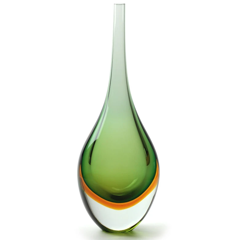 [41664] Drop Glass Vase Bicolor Green with Amber Murano Style Art Glass